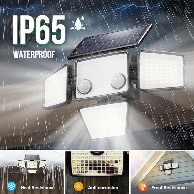 Solar Outdoor Lights - 3000LM 188 LED Motion Sensor Outdoor Lights, 4 Heads Security Light,IP65 Waterproof, Easy Install,270°Wide Angle Flood Wall Light with 3 Modes for Backyard Yard (2 Pack) LYWALT