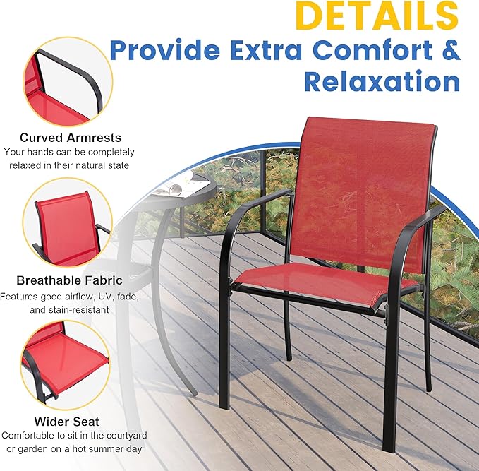 VICLLAX Patio Dining Set for 4, Outdoor Furniture Set Includes 1 Square Patio Table and 4 Stacking Patio Sling Chairs, Black Tabletop and Red Fabric HOME