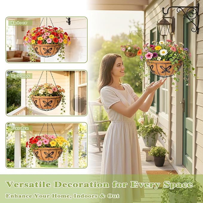 4 Pack 14 Inch Hanging Baskets for Plants Outdoor Metal Hanging Planter Hanging Flower Baskets with Coco Fiber Liners Chain Round Wire Plant Holder Hanging Flower Pots(Butterfly) Qusuxi