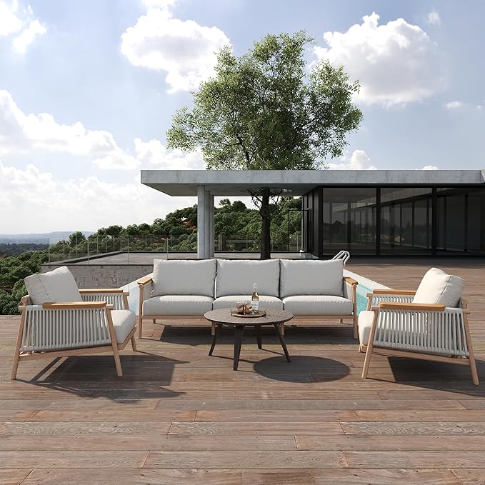 Acanva Modern All-Weather Aluminum Outdoor Patio Sofa with Thick Cushions, Olefin Fabric Sunroom Backyard Furniture, Couch Light Khaki acanva