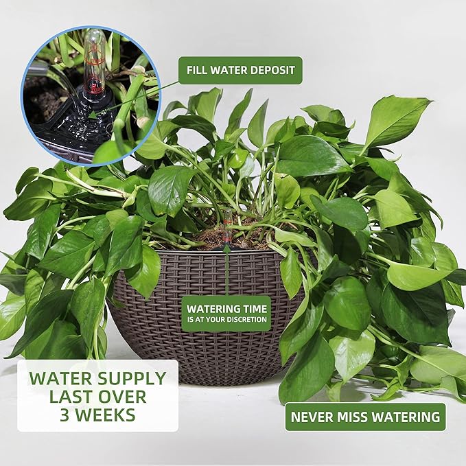 Dexceder 13.5 Inch Large Self Watering Hanging Planters Indoor Outdoor, Thickened Hanging Basket Flower Plant Pot with Water Level Indicator (Brown) Dexceder
