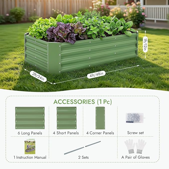 INNO STAGE Galvanized Raised Garden Bed Kit, 4x2x1FT Metal Raised Garden Beds for Vegetables, Rust-Resistant & Easy Assembly, Outdoor Raised Beds for Gardening, Flowers, Herbs (Green) INNOSTAGE