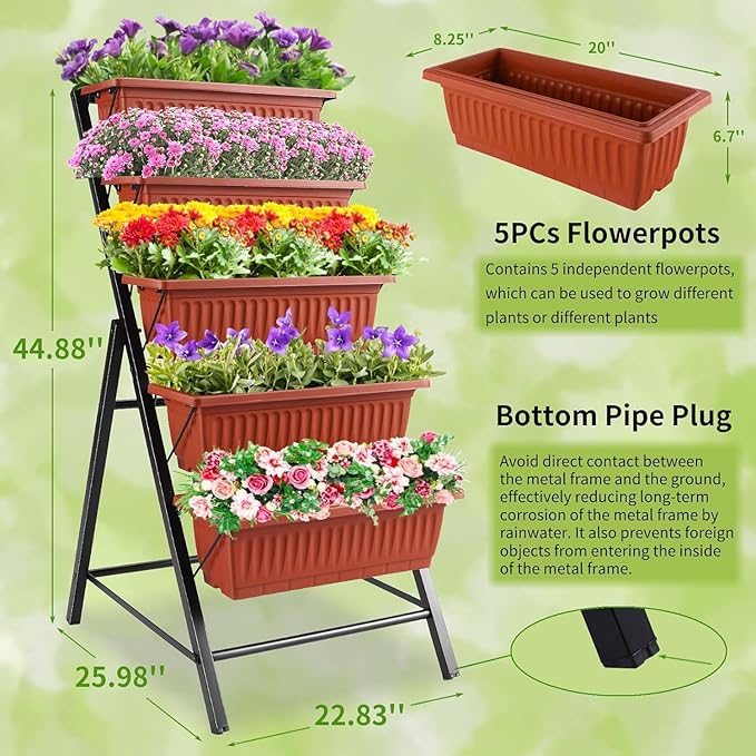 Homdox 2 Pack Vertical Garden Bed, 5 Tiers Vertical Raised Garden Planter, 23 * 26 * 45Inch Outdoor Garden Raised Bed with 4 Hooks, Vegetable Flower Planter Raised Stand for Garden Patio Yard, Brown HOMDOX