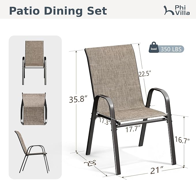 PHI VILLA Patio Chairs Set of 4, Outdoor Stackable Dining Chairs with E-Coating Metal Frame and Upgraded Textilene Fabric, All Weather Deck Chair 350 LBS Capacity for Porch Poolside Garden PHIVILLAThepioneerofcomfortablehouseholdsupplies