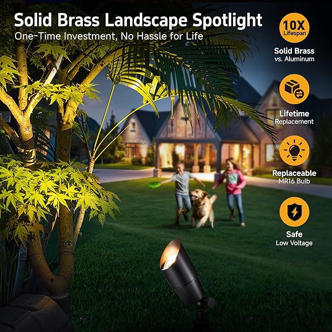 Gardenreet LED Spot Light Outdoor - Die-Cast Brass 12V Uplighting Waterproof, Low Voltage Landscape Lights Metal, Black for Fence Fountain with Warm White MR16 Replaceable Bulbs (12 Pack) Gardenreet