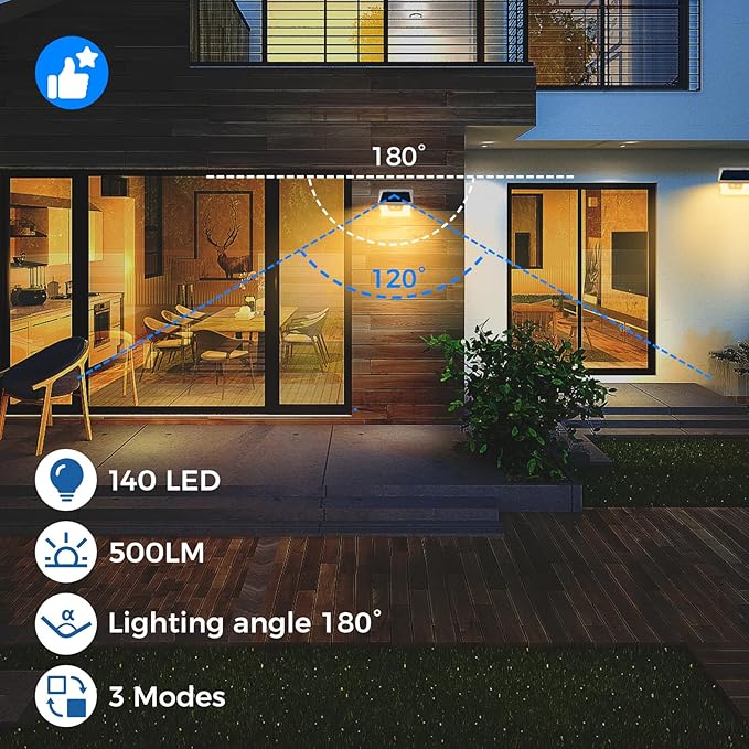 Peasur Solar Lights Outdoor Motion Sensor Waterproof, 8Pack 140LED White Solar Powered Fence Lights, 3 Modes Security Wall Lights for Garden Yard Outside Warm Peasur