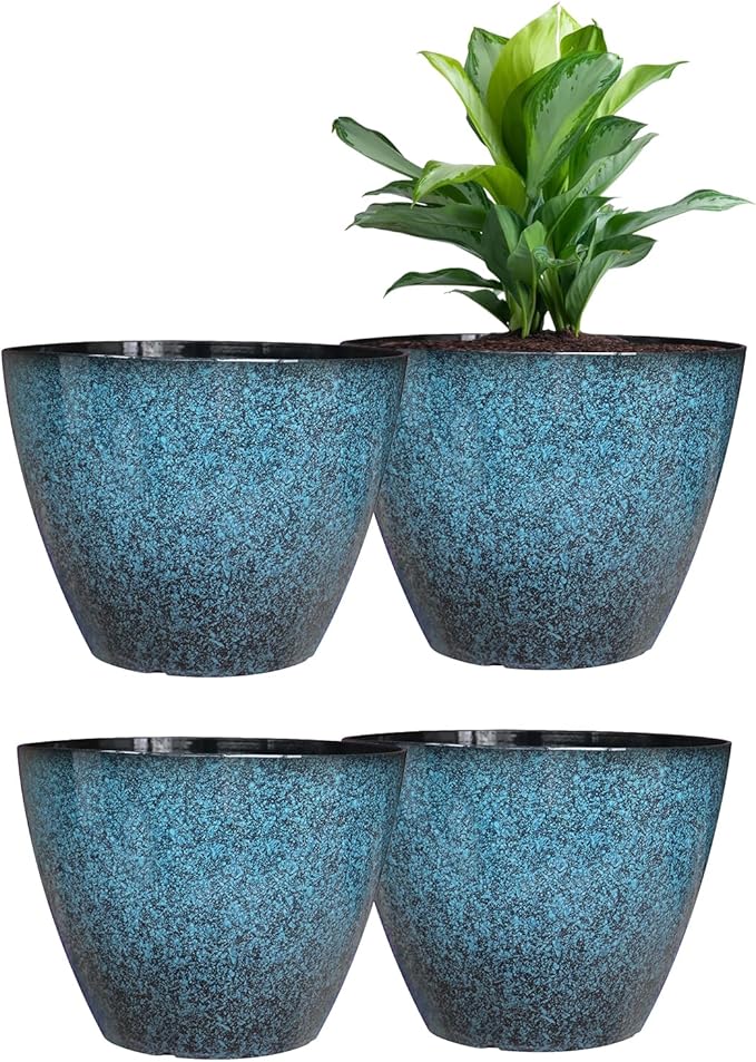 8 inch Plant Pots, Pack of 4 Plastic Planter for Indoor Outdoor Plant with Drainage Holes and Saucers, Flower Pots for Garden Home Decor (Blue, 4pcs) Vanslogreen