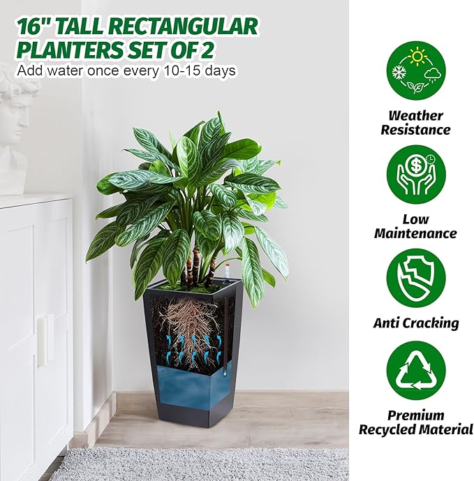 GarveeLife 16 in Tall Planters Set of 2, Outdoor＆Indoor Black Planter Pots, High Front Porch Planter Pots with Drainage Holes＆Water Level Monitor＆Inner Bucket, Automatic Watering,Black GarveeLife