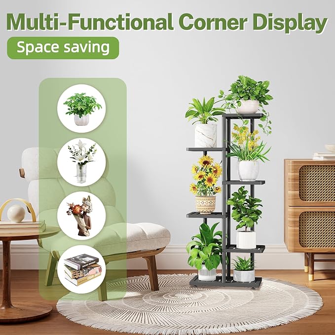 iDavosic.ly Plant Stand with Grow Light Indoor Outdoor, 5-Tier Tall Metal Flower Shelf for Heavy-Duty Large Planters, Corner Orchid Display Rack for Living Room Balcony Patio Porch, Modern Black iDavosicly