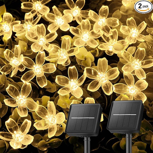 Brightown 2 Pack Total 52FT 120 LED Solar String Lights Flower Outdoor Waterproof Fairy Lights for Garden Yard Fence Patio Christmas Tree Wedding Party Decor, Warm White Brightown