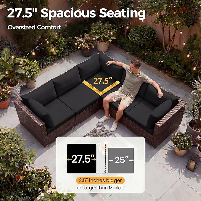 NICESOUL 29.3'' High Back Patio Set with Firepit Propane & Natural Gas, 7 Piece Oversized Large Wicker Outdoor Sectional Couche Sets, Heavy Duty Backyard Furniture, Brown Rattan and Black Cushion NICESOUL