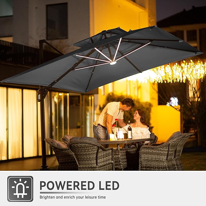 10 X 13 FT Cantilever Outdoor Patio Umbrella with Led Lights Large Heavy Duty 360° Rotation Double Top Offset Rectangular Umbrellas for Backyard Garden Pool Outside Deck, Grey MEVBC