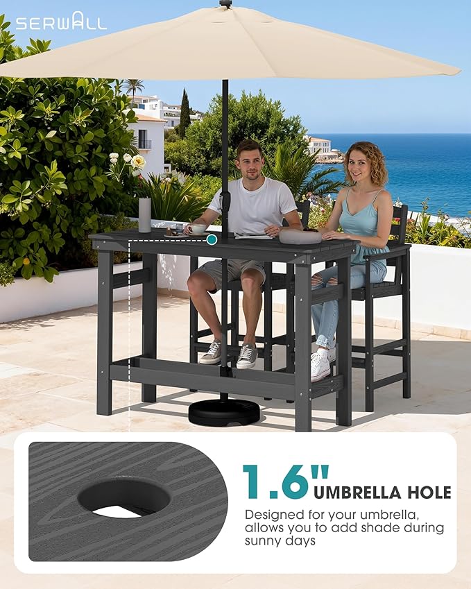 SERWALL 41" Outdoor Bar Table with 1.6" Umbrella Hole, HDPE Patio Bar Counter Height Table, All-Weather Rectangle Bar Table for Backyard, Garden, Poolside, Balcony - Grey SERWALL