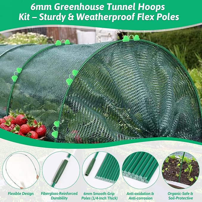 30 Pcs Garden Hoops for Raised Beds, 6mm Greenhouse Hoops Grow Tunnel Fiberglass Hoop House Kit, 6 Sets Plant Support Garden Stakes Hoops Frame for Netting Shade Cloth Row Cover Garden Supplies LifeisLuck