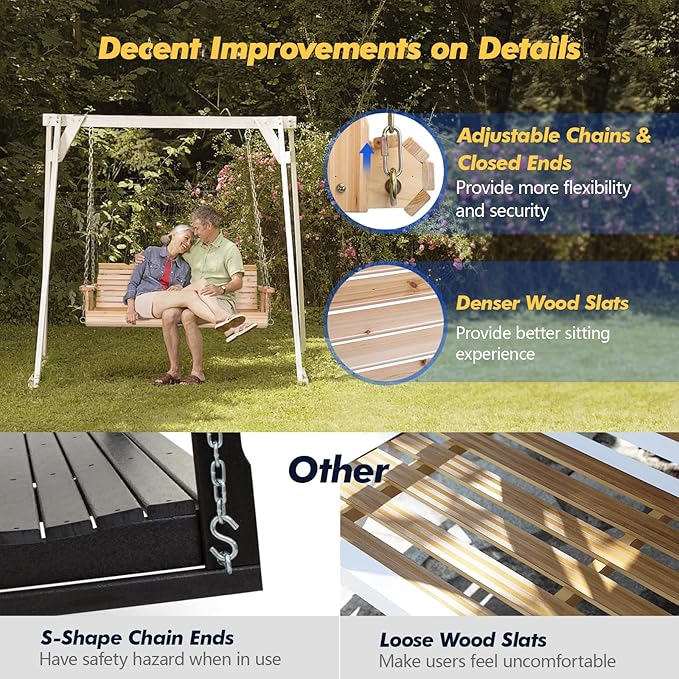VINGLI Upgraded Patio Wooden Porch Swing for Courtyard & Garden, Heavy Duty 880 LBS Swing Chair Bench with Hanging Chains for Outdoors (Natural, 4 FT) VINGLI