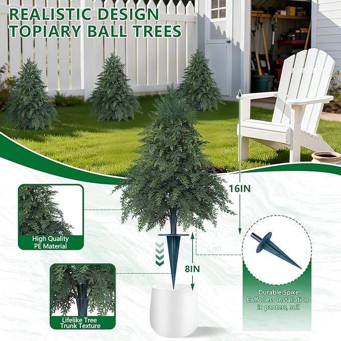 Artificial Cypress Topiary Cedar Trees with Ground Spike, 2 Pieces Fake Pine Shrubs Bushes, UV Resistant Faux Evergreen Tree Plants for Indoor Outdoor Planters Front Porch FEELTHENEWWORLD