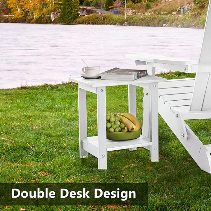 Double Adirondack Outdoor Side Table Weather Resistant, Patio Rectangular End Table for Adirondack Chair, White Meluvici