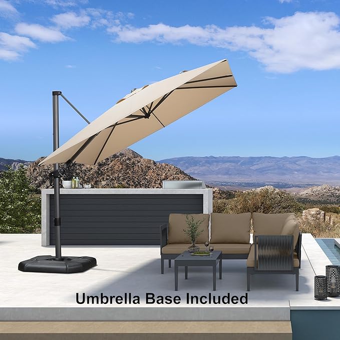 PURPLE LEAF 8.8' X 8.8' Right-left Tilt Patio Umbrella with Base Outdoor Cantilever Swivel Square Umbrella with Tilt Aluminum Offset Umbrella with 360-degree Rotation for Garden Deck Pool Patio Beige PURPLELEAF