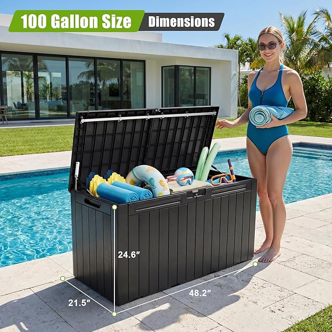 Flamaker Resin Deck Box 100 Gallon Large Lockable Outdoor Storage Box Waterproof for Patio Cushions, Tools, Pool Accessories (Black) Flamaker