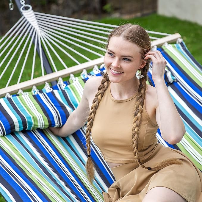 SUNCREAT Hammock with Stand 2 Person Heavy Duty, Freestanding Hammock with Spreader Bar, Soft Pillow, Green Stripes SUNCREAT
