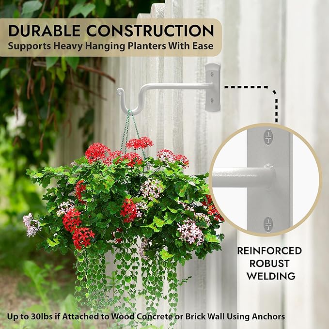 RTZEN Plant Hangers Indoor or Outdoor - Wrought Iron Metal Hanger Indoor Hook - Heavy Duty Wall Bracket Hooks for Hanging Plants Baskets Lanterns Wind Chimes - 2 Pack (White Shepherds Hooks 7.5") RTZEN