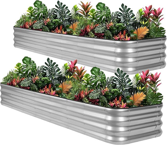 1MORE Raised Garden Bed -8X2X1 Galvanized Planter Box for Outdoor Gardening,5 in 1 Modular Raised Bed Kit with Protective Tape, Gloves for Herb,Ideal for Vegetables and Plants.Sliver-2pack 1MORE