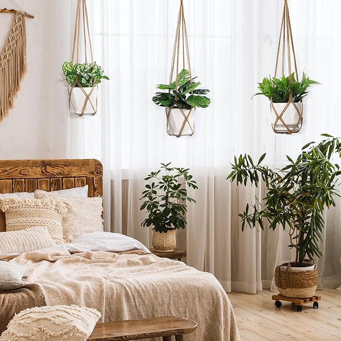 YIBOT 3 Pack Macrame Plant Hanger Indoor Hanging Planter Basket with 3 Hooks, 35"/29"/23" Crochet Plant Holder Stand No Tassels for Indoor Outdoor Boho Home Decor, Brown (POTS NOT Included) YIBOT