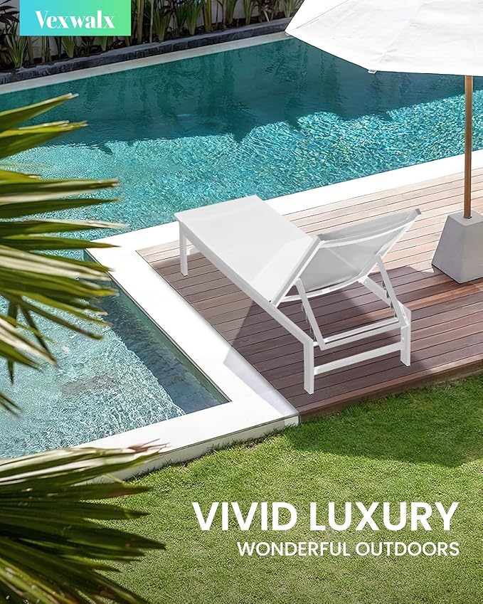 Outdoor Lounge Chairs Set of 2, Aluminum Patio Chaise Lounge Chairs with 5-Position Recliner, Pool Lounge Chairs for Backyard, Poolside, Deck, Lawn (White) Vexwalx