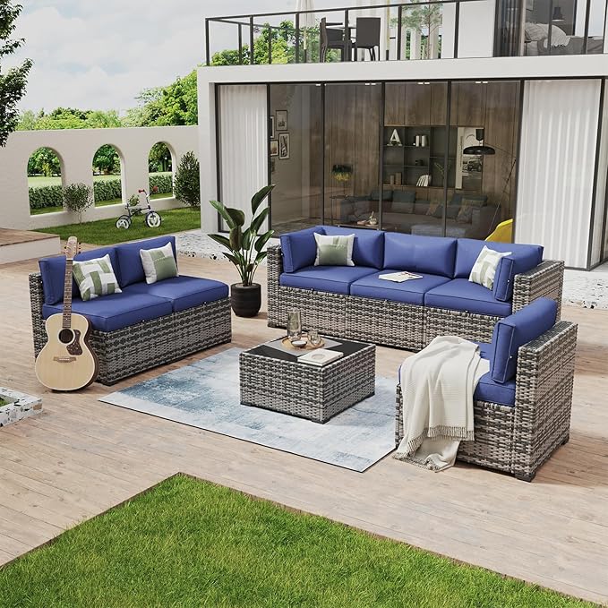 Aoxun 7 Piece Patio Furniture Set Wicker Rattan Patio Conversation Set Outdoor Sectional Sofa Set with Coffee Table and Thickened Cushions, Gray/Blue(Waterproof Cover Included) Aoxun