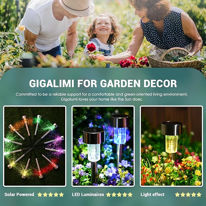 GIGALUMI Solar Lights Outdoor Waterproof, 12 Pack, Stainless Steel LED Solar Garden Lights for Patio, Lawn, Yard and Landscape, Garden Decor Patio Decor,Multicolor GIGALUMI
