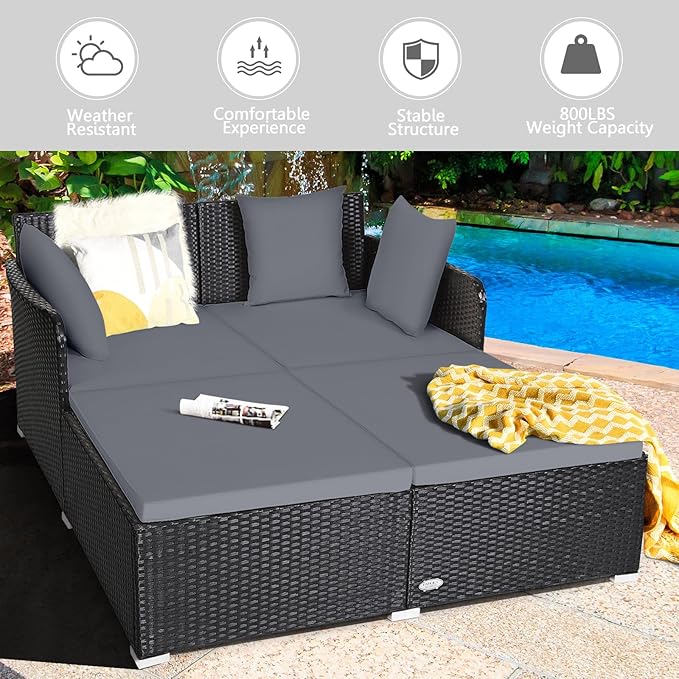 HAPPYGRILL Outdoor Rattan Daybed Patio Loveseat Sofa Set with Padded Cushion Pillows and Sturdy Aluminum Foot Wicker Patio Furniture for Garden Porch Poolside HAPPYGRILL