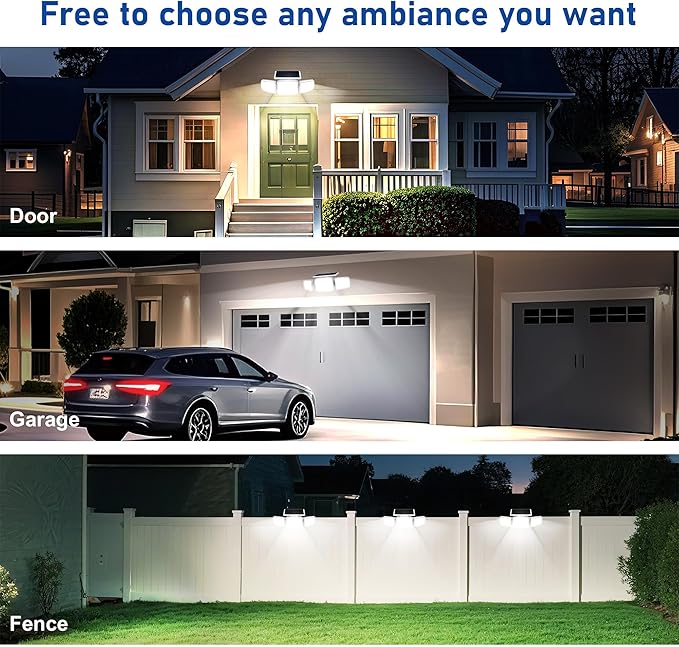 White Solar Security Light Outdoor Super Bright LED, Motion Sensor Flood Light, 3 Heads 270° Wide Angle, Remote Control, IP65 Waterproof, 3 Modes (2 Packs) JEJOT