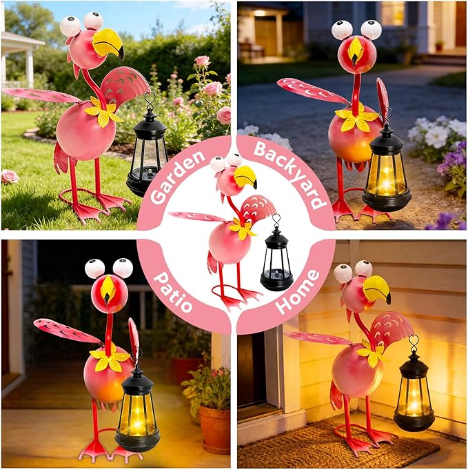Solar Flamingo Statue with Lights,13in Tall Solar Flamingo Garden Sculptures, Birthday Gift for Woman Grandma Big Metal Decorative for Outdoor Patio Porch Ornaments Lawn Yard Balcony yulloyello