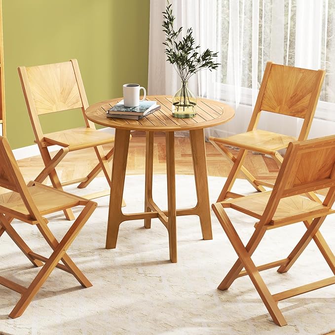 Tangkula 31.5" Round Patio Dining Table, Teak Wood Outdoor Dining Table with Slatted Tabletop, X-Shaped Frame & 4 Sturdy Supporting Legs, Indoor or Outside Table for Deck, Garden, Poolside & Backyard TANGKULA