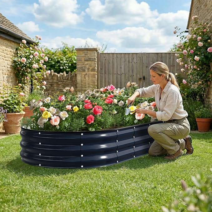 Kesfitt Raised Garden Bed, 6x3x1 FT Galvanized Steel Metal Raised Garden Bed, Oval Open-Bottom Design, 12-Inch Deep for Outdoor Vegetable & Herb Gardening, Midnight Blue Kesfitt