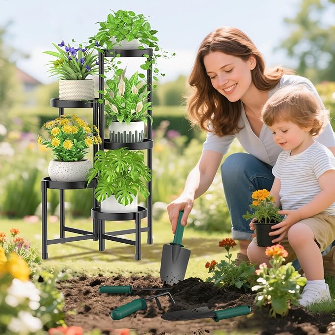 iDavosic.ly Plant Stand with Garden Tools, 5 Tier Corner Metal Flower Display Holder Shelf Indoor Outdoor, Easy Assembly Folding Tall Orchid Rack for Patio Balcony Porch Living Room House, Black iDavosicly