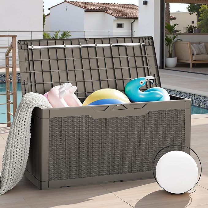 JUMMICO 100 Gallon Resin Deck Box, Waterproof Outdoor Storage Box with Lockable Lid for Garden Tools, Patio Cushions (Light Brown) JUMMICO