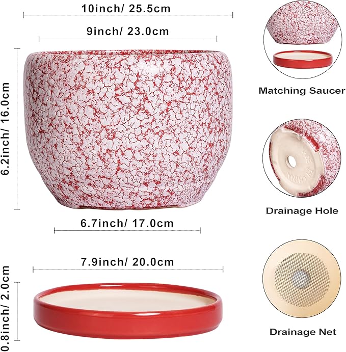 SQOWL Ceramic Planters for Indoor Plants - 10 Inch Flower Pots with Drainage Hole and Saucer, Decorative Ceramic Plant Pots, Round Large Planter Outdoor, Room Decor, Housewarming Gifts, Red and White SQOWL