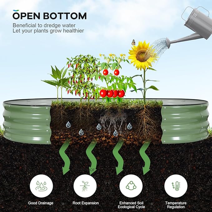 Galvanized Raised Garden Bed Outdoor, 6x3x1ft Oval Metal Raised Beds for Gardening, Rust-Resistant Garden Planter Box for Planting Vegetables, Flowers, Fruits in Lawn(Olive Green, 2 Packs) HEALSTOK