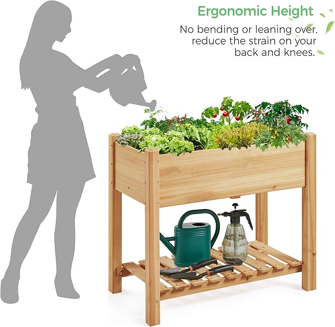 Yaheetech 34x18x30in Horticulture Raised Garden Bed Planter Box with Legs & Storage Shelf Wooden Elevated Vegetable Growing Bed for Flowers, Plants, Backyard, Patio, Balcony, Light Brown Yaheetech
