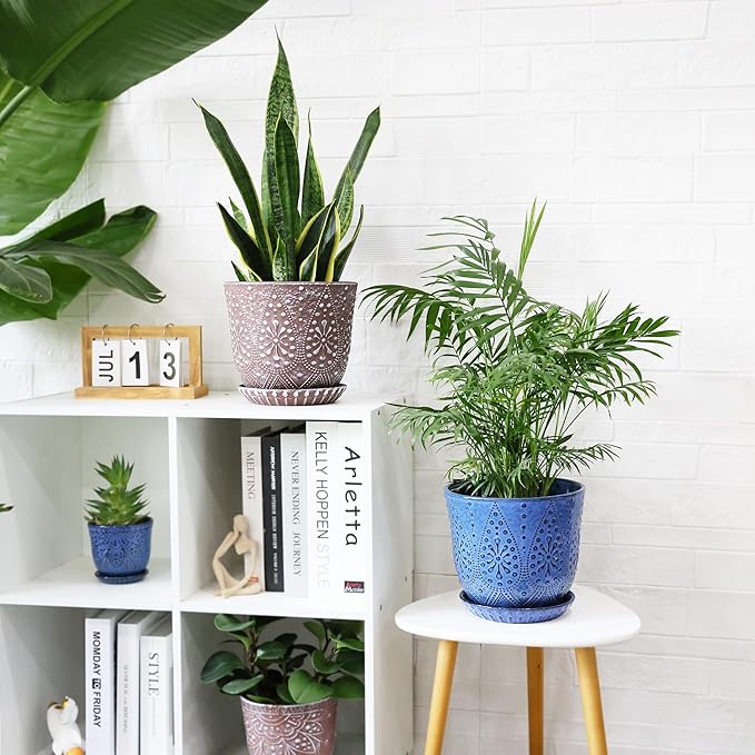 Gepege 8 Inch Plant Pot for Plants, Ceramic Planter with Drainage Holes and Saucers for Indoor Plants Large Flower Pot Gepege