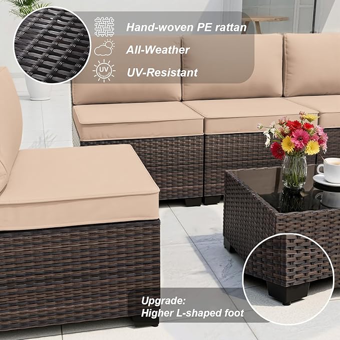 ALAULM Patio Furniture Set with Fire Pit Table 55000 BTU, Outdoor Sectional with Wide Seat and Thick Cushion, 8 Piece Wicker Rattan Conversation Set with Coffee Table for Garden, Deck, Sand ALAULM