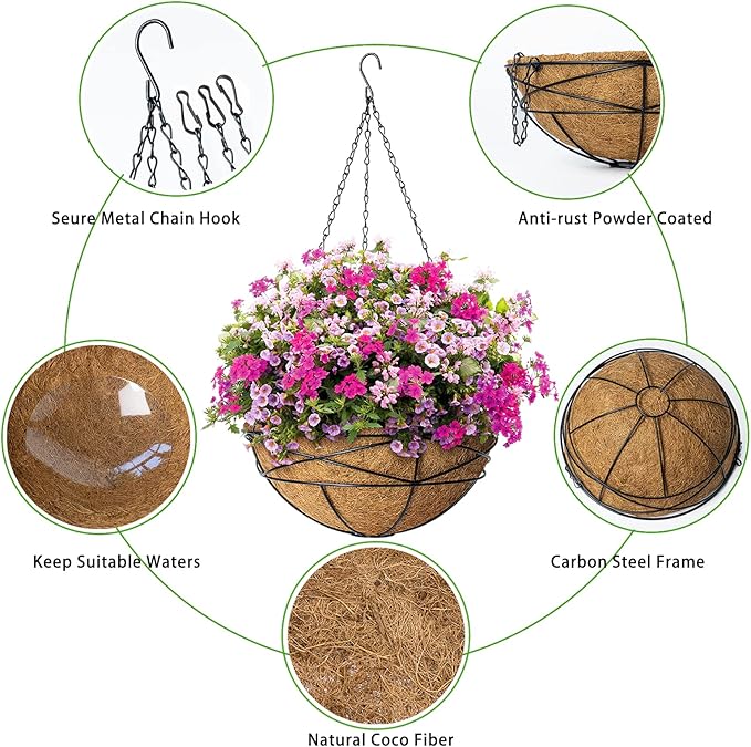 4 Pack 10 Inch Hanging Planters Metal Wire Flower Baskets with Natural Coconut Liners for Outdoor Plants Round Plant Holder Planter for Garden Decor KarlliuHOMEGARDEN