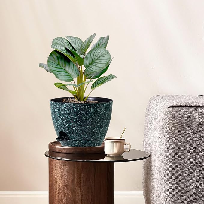 10 inch Self Watering Pots, Planter, Plant Pots with Mesh Drainage Holes for Indoor Outdoor House Plants and Garden, 2 Pack Plastic Flower Pots with Reservoir, Black with Green Speckles WSMKSZ