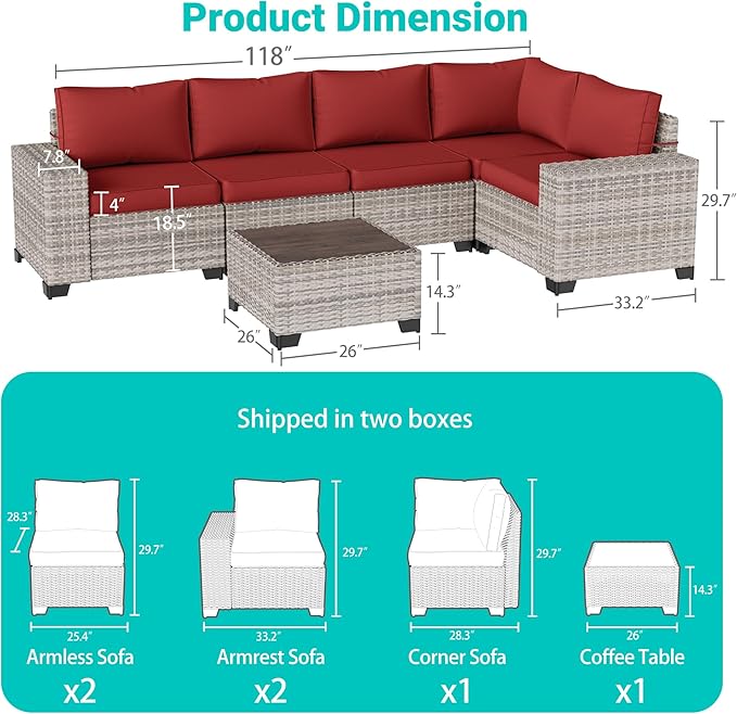 6-Piece Outdoor Patio Furniture Set Wicker Sectional Sofa Set, Patio Conversation Set with Thickened Cushions & Coffee Table for Garden, Backyard, Poolside, Red MuphyersPatioFurniture