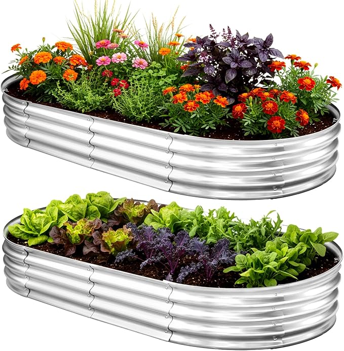 TATAANTY Galvanized Raised Garden Bed Kit, Rust-Resistant Planter Garden Boxes Outdoor, Oval Large Metal Raised Garden Beds for Vegetables Easy to Set Up - 4x2x1ft (2 Pack) TATAANTY