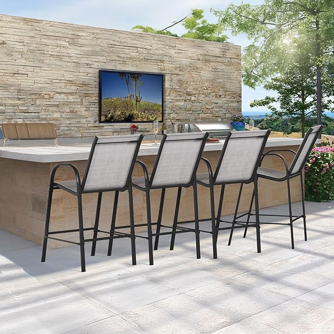 HOMREST Outdoor Bar Height Stools Set of 4,High Back Patio Chairs with Armrests,Textilene Chairs with Breathable Fabric & Metal Frame for All Weather,Light Grey HOMREST