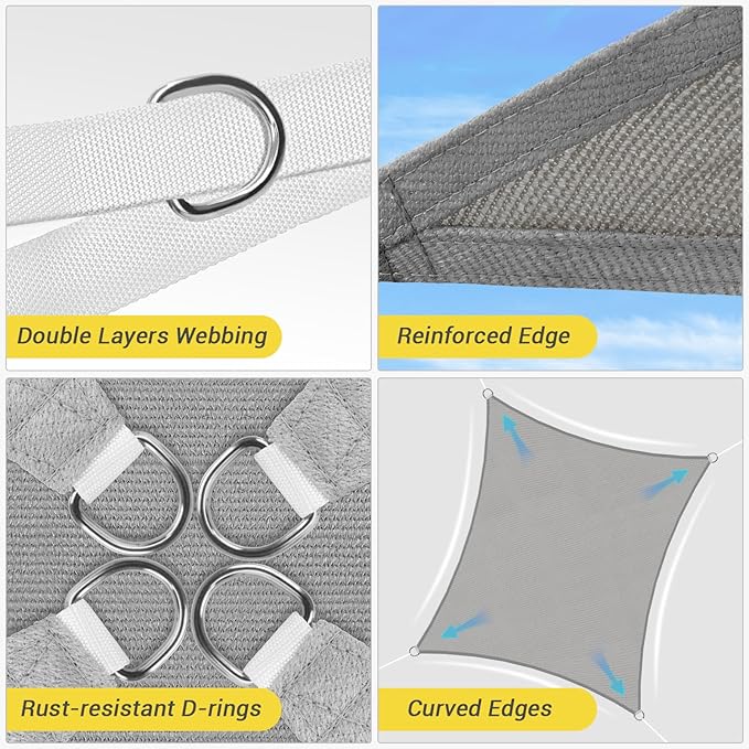 HappyTrends Sun Shade Sail,10'x 13' Heavy Duty UV Protection Beach Shade Canopy Wind sail,Tear and Rust Resistant Patio sail Shade for Yard Deck Lawn Garden Rectangle Sunshade(Grey) HappyTrends