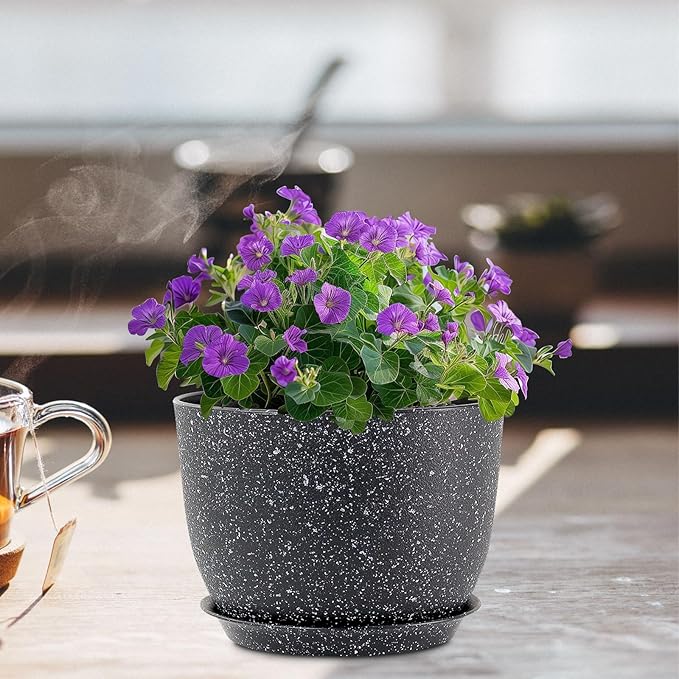 12 inch Big Plant Pots, Plastic Planters with Drainage Holes and Trays, Large Flower Pots for Indoor Outdoor Plants, Modern Decorative Pots for Garden House Plants, Speckled Black Meowell