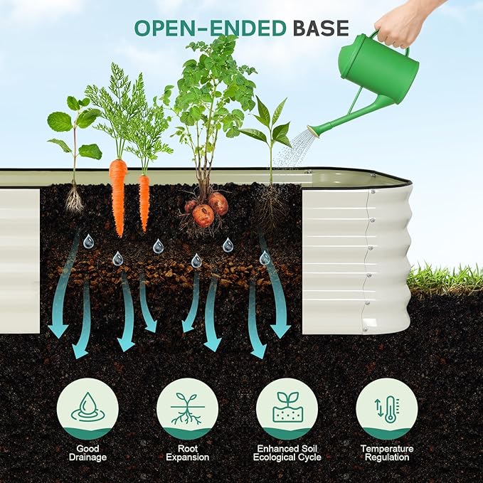 5 in 1Galvanized Raised Garden Bed - 8x3x1.4ft Modular Garden Planter Bed Outdoor | Steel Raised Bed Kit with Bracing Rods, Gloves for Gardening Vegetables Fruits and Flowers - White BIRDSINYARD